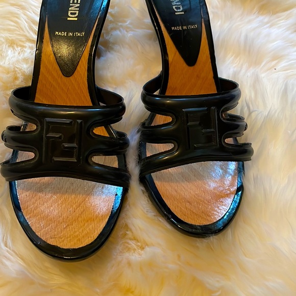Fendi Black Logo Mules w/ Wood Insole and Black Heels - Picture 3 of 7